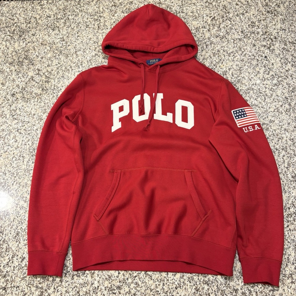 Polo Ralph Lauren US Flag Patch Hoodie Mens Large Red Pullover Sweatshirt